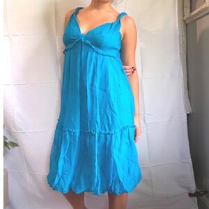 Teal Y2K Fairy Babydoll Silk Tiered Ruffle Dress Blue Bubble Hem